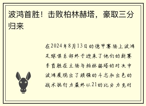 波鸿首胜！击败柏林赫塔，豪取三分归来