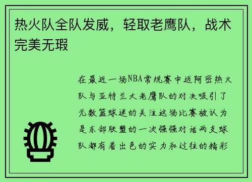 热火队全队发威，轻取老鹰队，战术完美无瑕